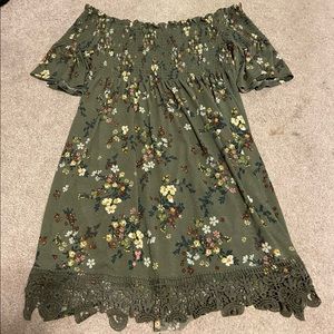army green strapless floral dress